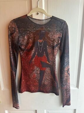 Women's Long Sleeve Mesh Graphic Top - Red/Black